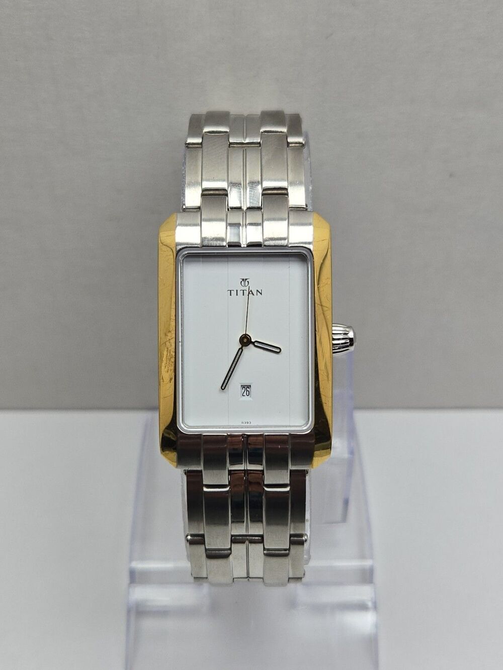 Titan Mens 26mm Tank Dress Watch Gold Silver Two Tone Date Quartz New Battery